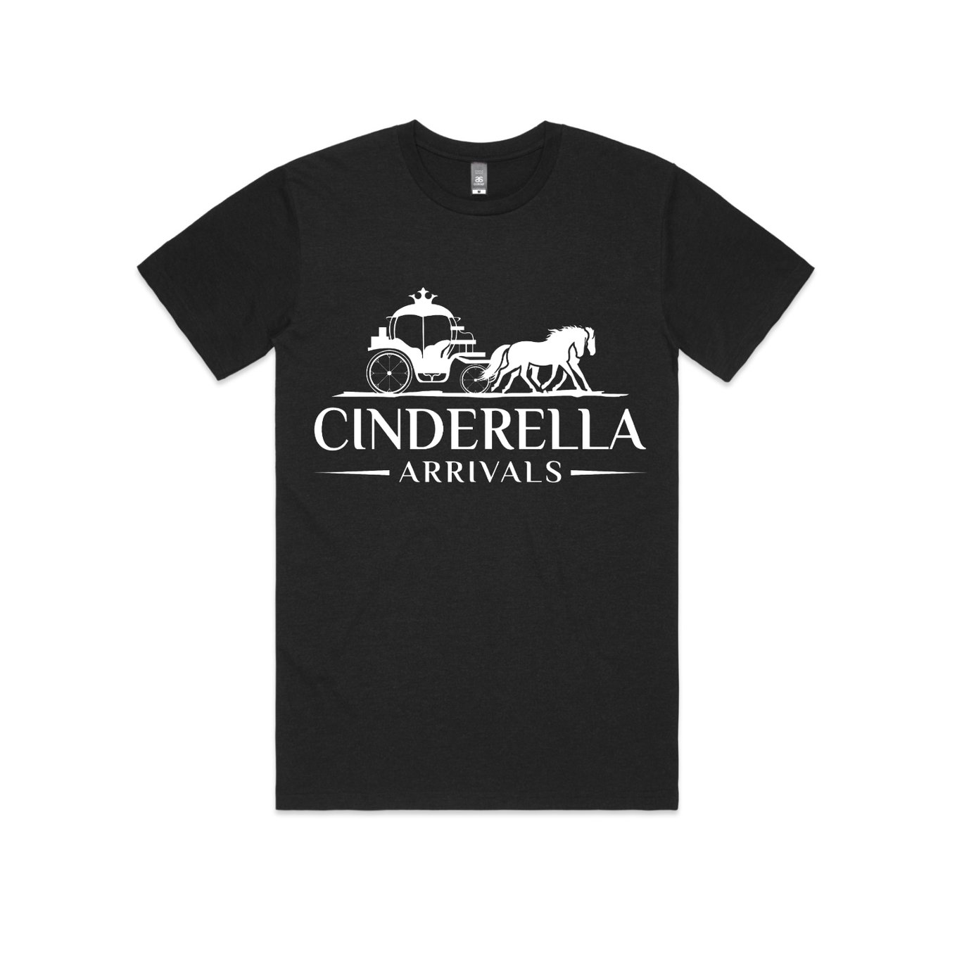 Cinderella Arrivals Mens T-Shirt Black with Large Screen Printed White Logo Front Center Chest